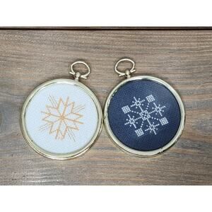 Cross-Stitch Christmas Ornament Handmade Round Framed Holiday Decor